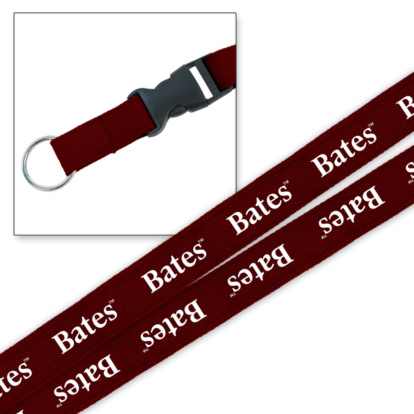 A red woven lanyard with the Bates logo displayed on both sides, featuring a plastic buckle and a metal split ring.