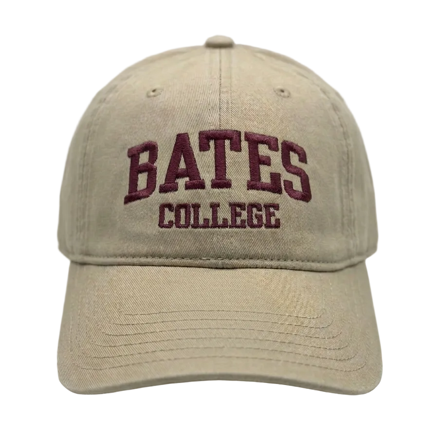 Beige cap with 'Bates College' embroidered on a white background