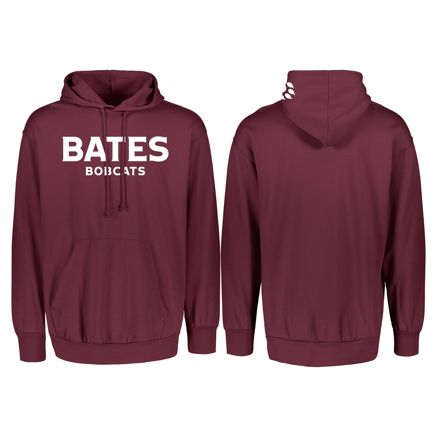 Maroon hoodie with 'BATES BOBCATS' text on a white background