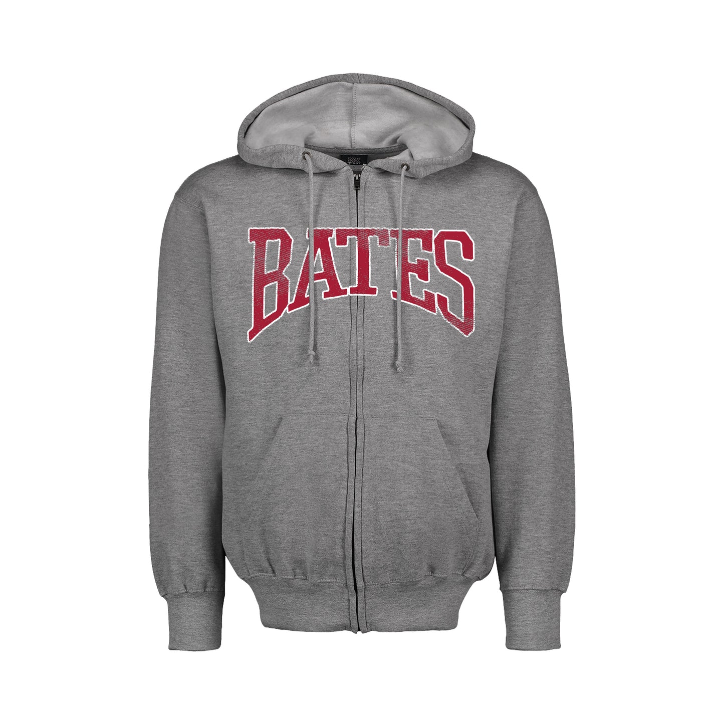 Gray hoodie with 'BATES' printed in red on a white background