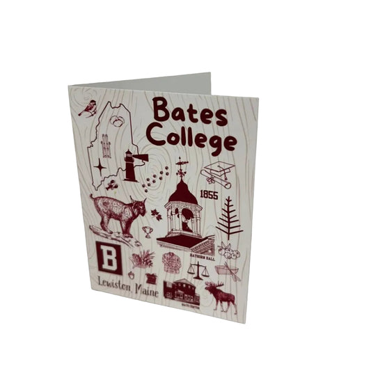 Greeting card with illustrations and text for Bates College on a white background