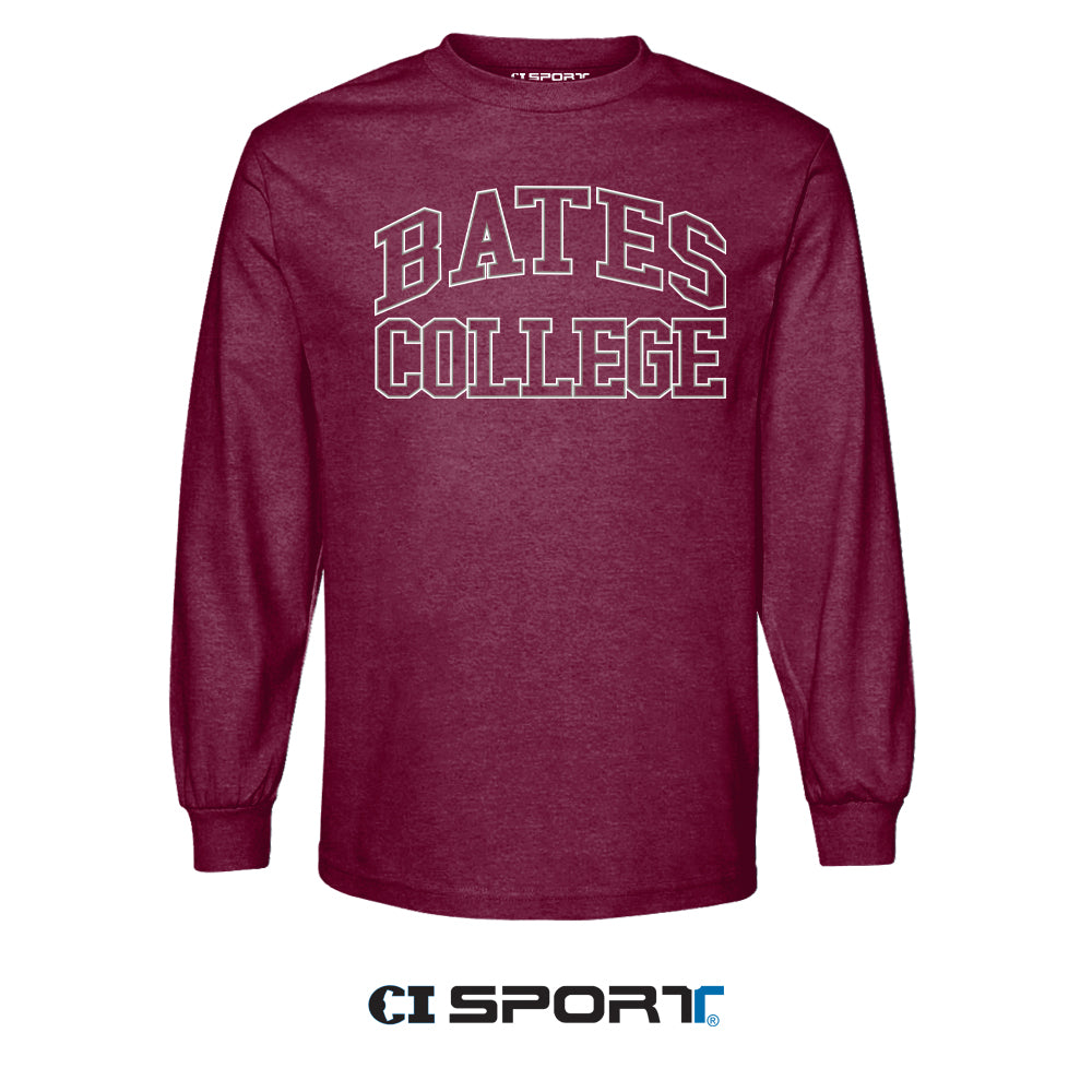 Maroon long-sleeve shirt with 'Bates College' text on a white background, featuring the CI Sport logo.