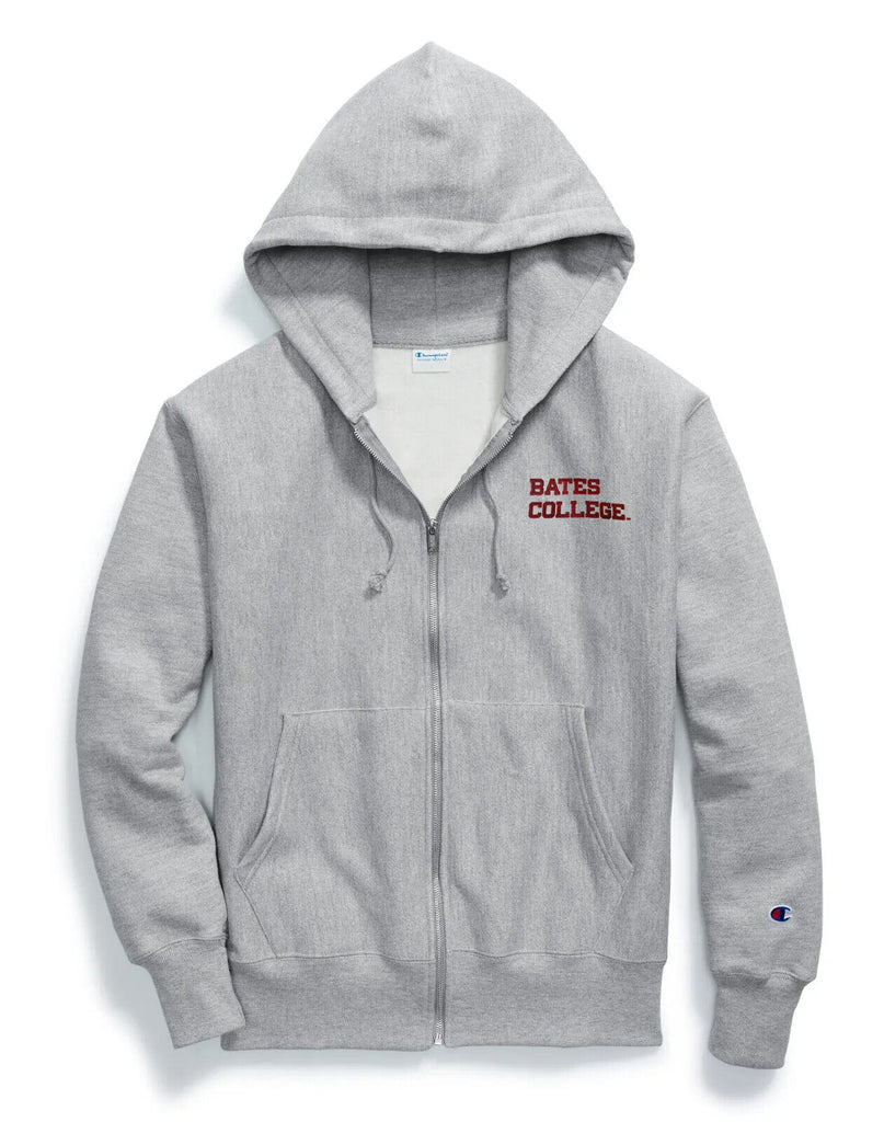 Full Zip Grey Reverse Weave BATES COLLEGE Hoodie Sweatshirt from Champion