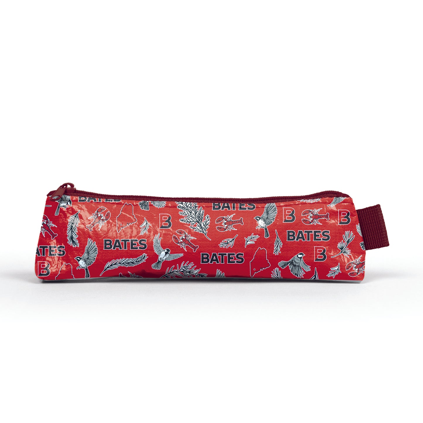 Red pencil case with Bates logo and Maine designs on a white background
