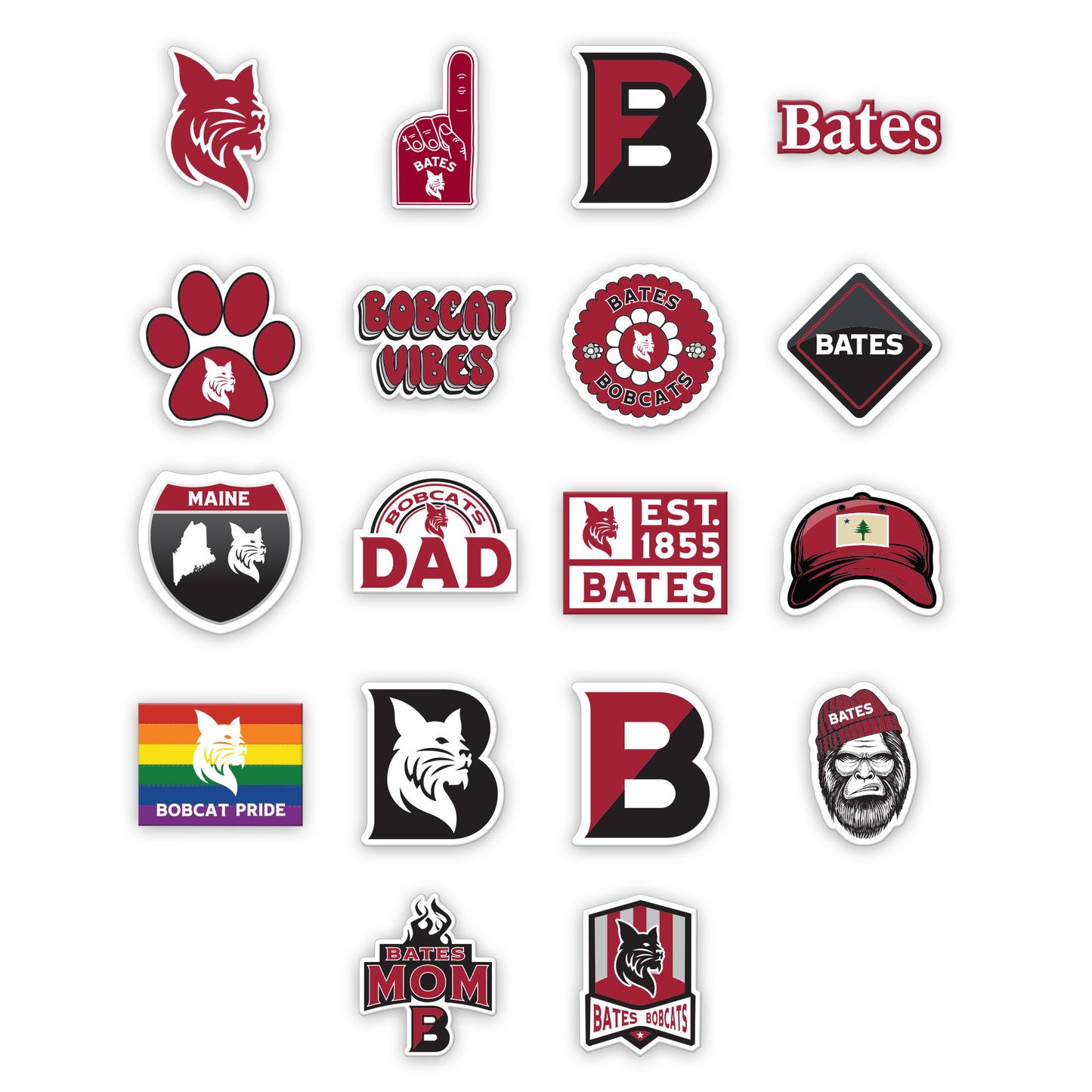 Collection of Bates College logo and symbol stickers on a white background