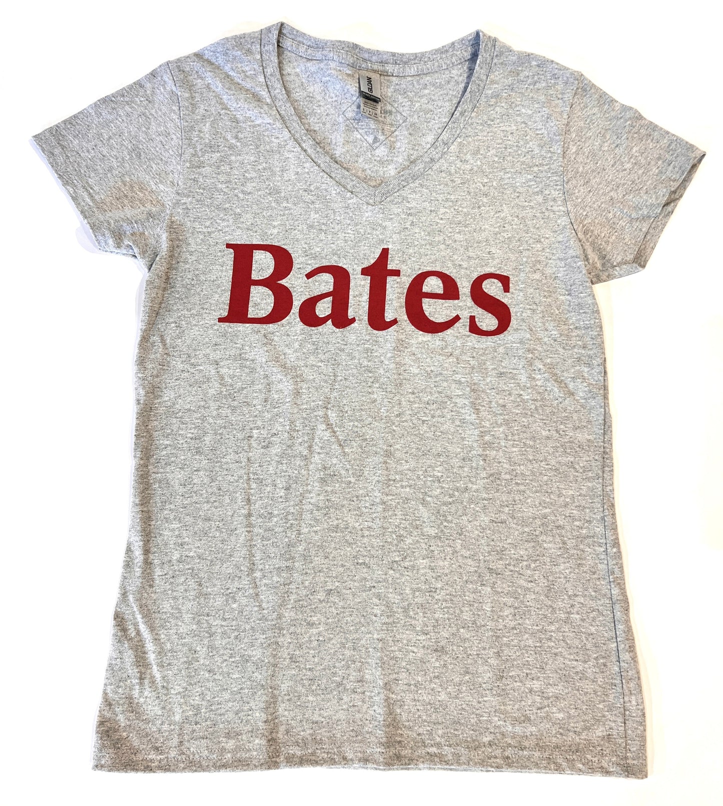 A gray women's t-shirt with 'Bates' text imprinted in red.