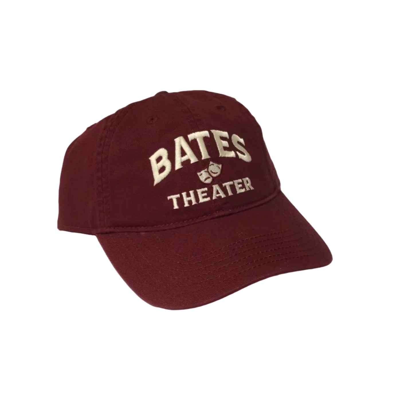 Maroon cap with 'Bates Theater' text on a white background