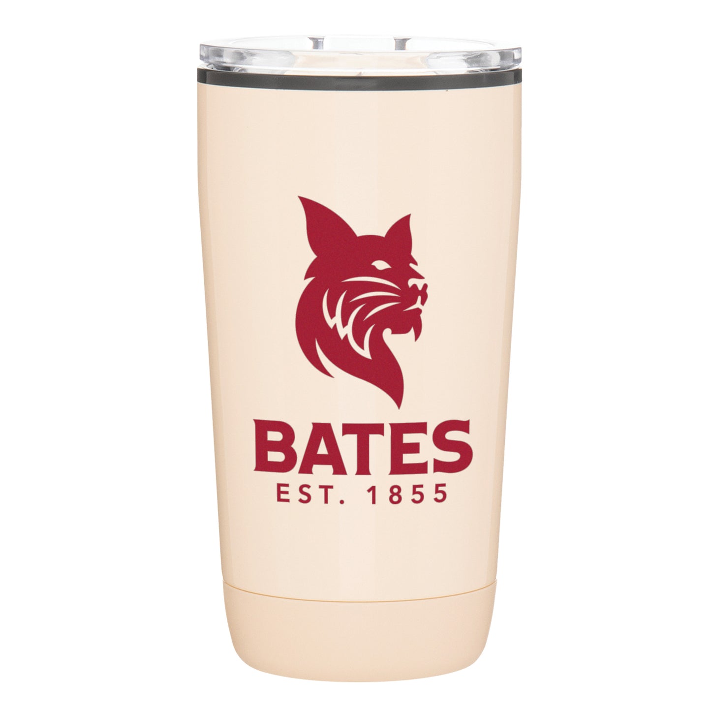 Beige tumbler with red bobcat logo and 'Bates Est. 1855' text on a white background