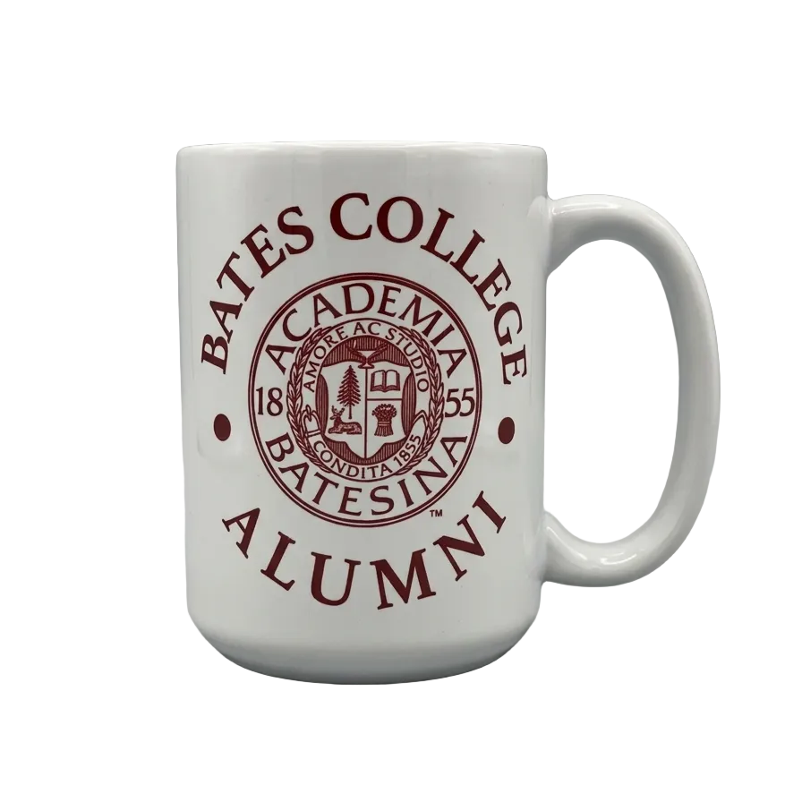 White mug with Bates College Alumni logo on a gray background