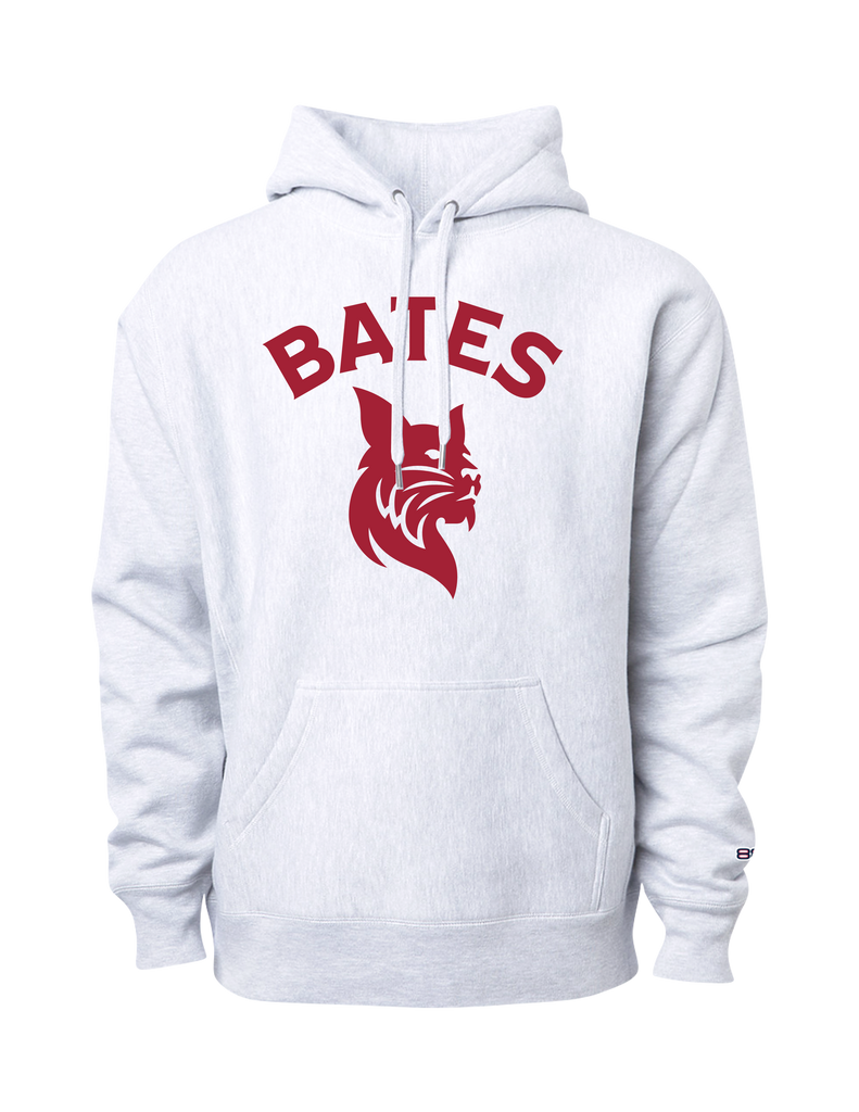 Classic hoodie with BATES over Bobcat logo, garnet screen imprint