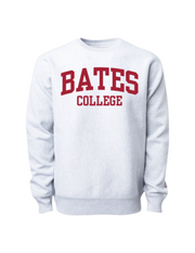 Classic ash sweatshirt with BATES COLLEGE logo garnet screen imprint