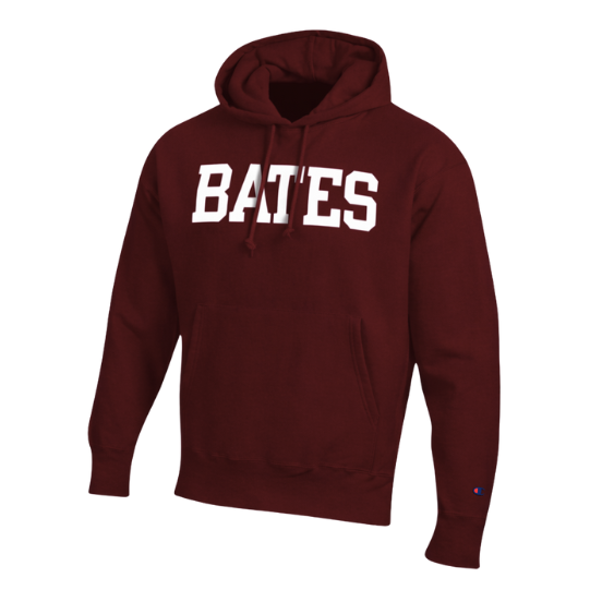 Maroon hoodie with 'BATES' text on a white background