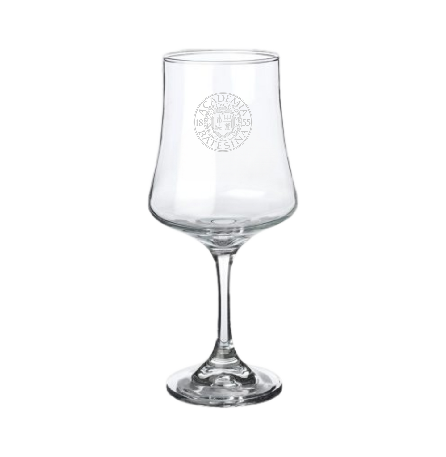 Clear wine glass with a logo on a white background
