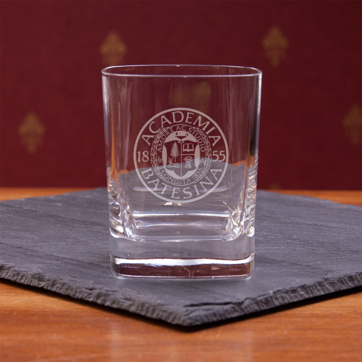Rocks Glass Etched with Bates Academia Seal