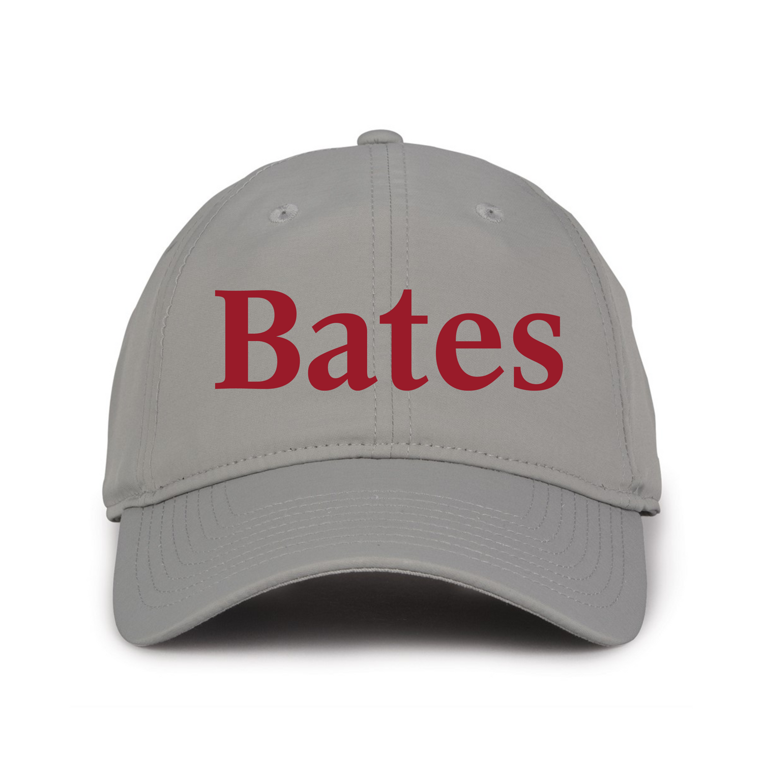 Gray cap with 'Bates' text in red on a white background