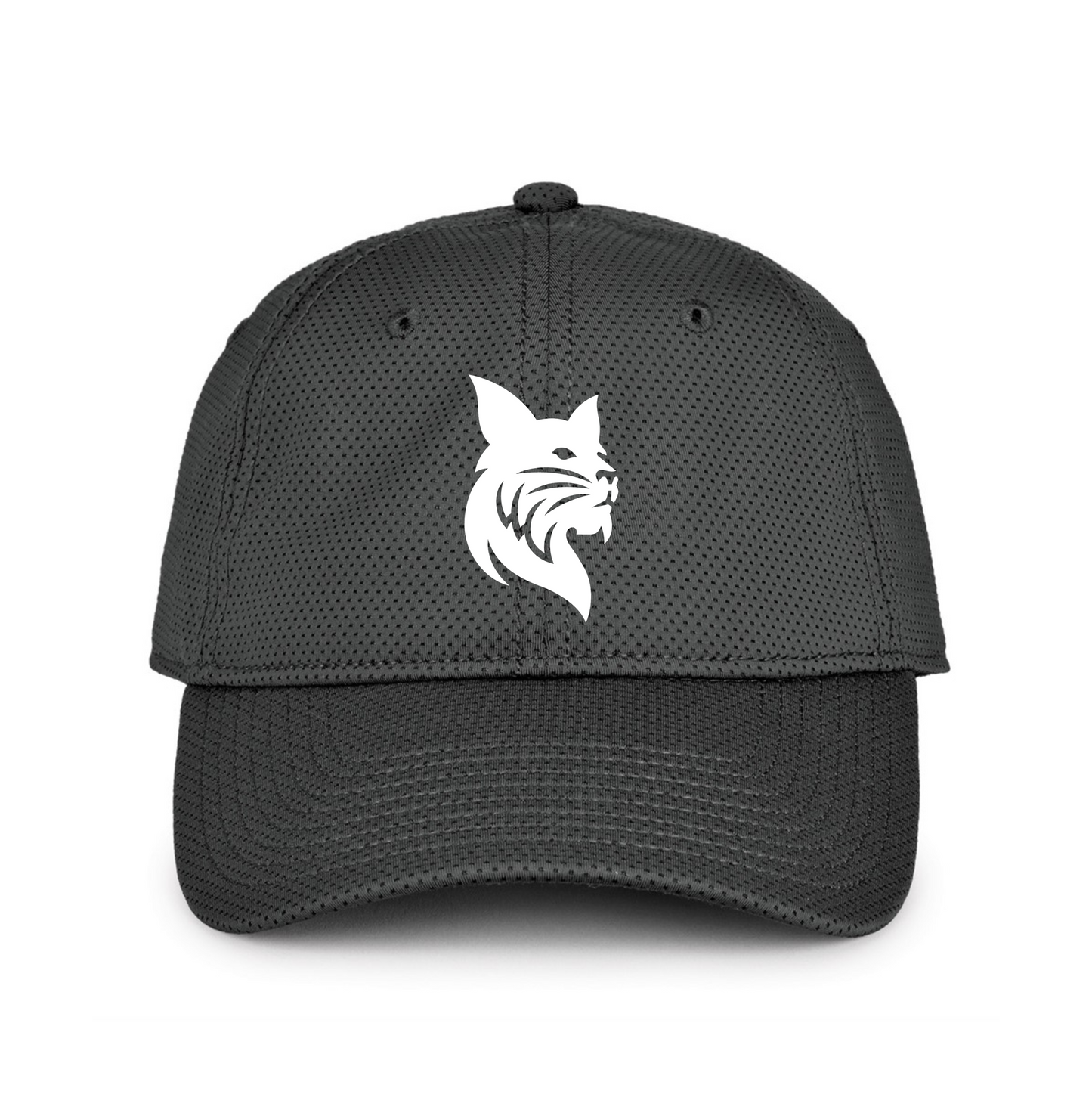 Black cap with a white bobcat logo on a white background