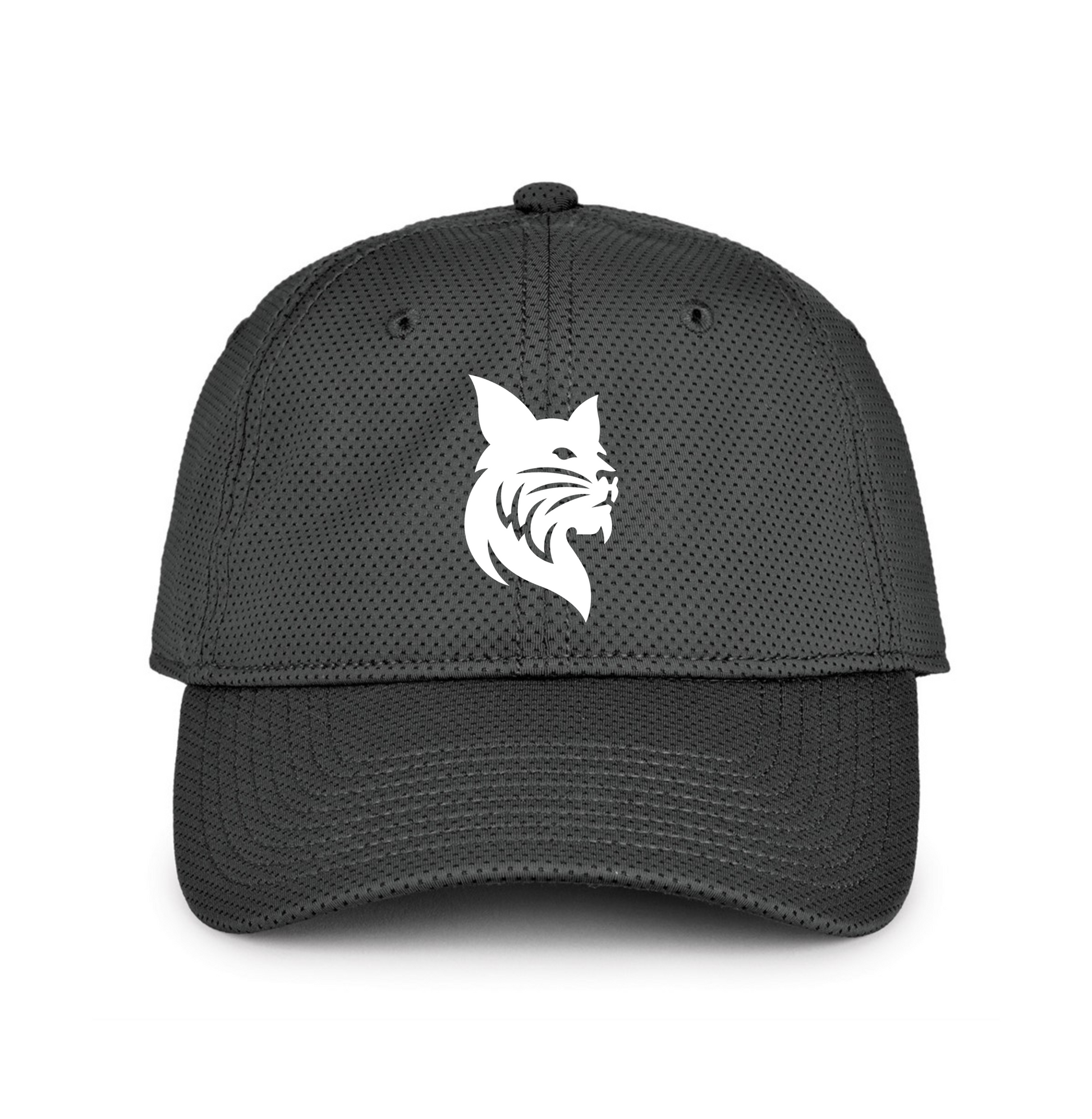 Black cap with a white bobcat logo on a white background