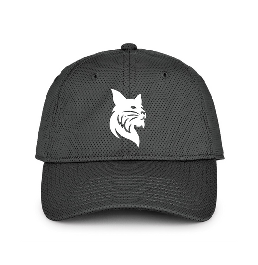 Black cap with a white bobcat logo on a white background
