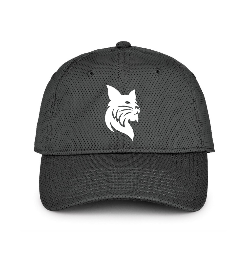Black cap with a white bobcat logo on a white background