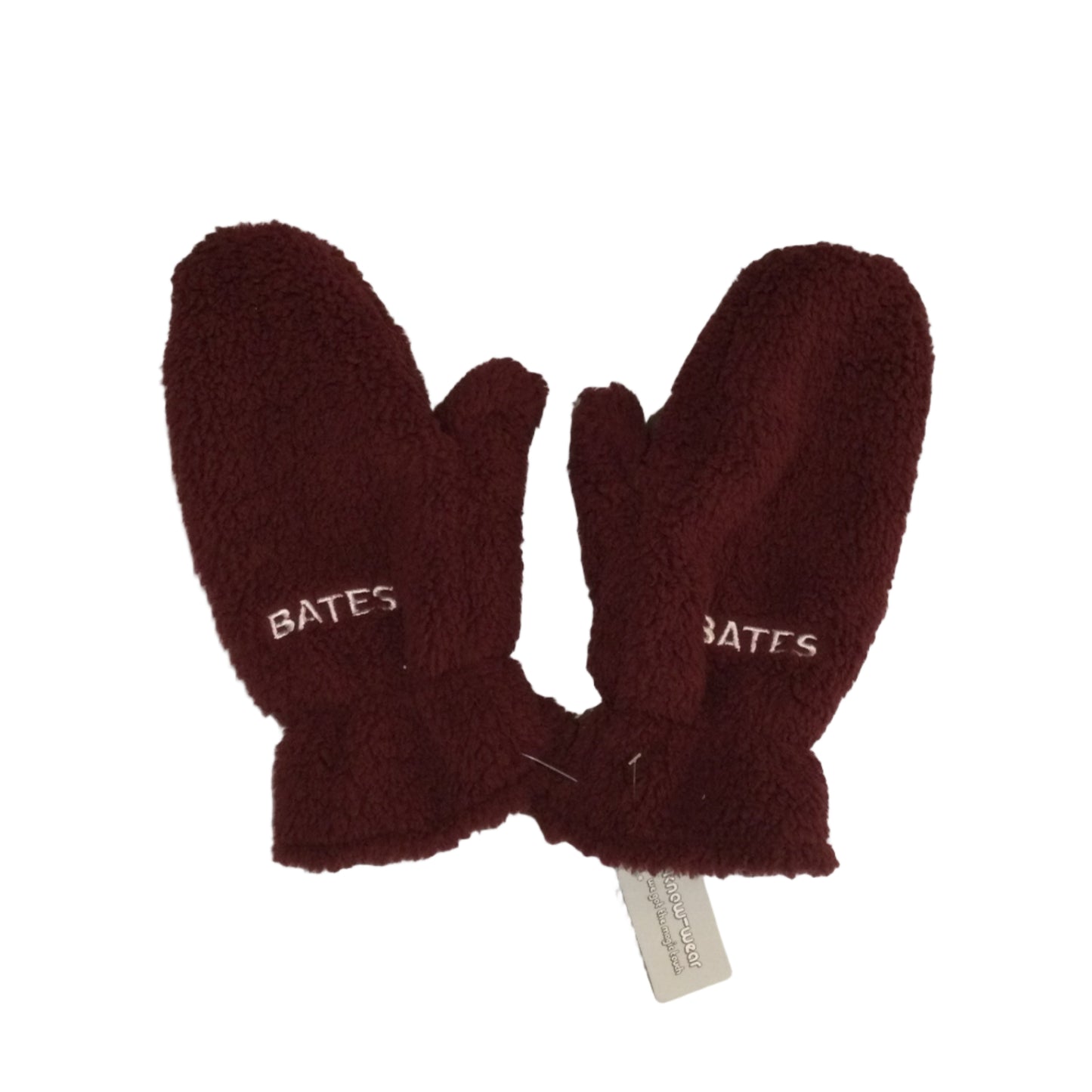 Pair of maroon mittens with 'Bates' branding on a white surface.