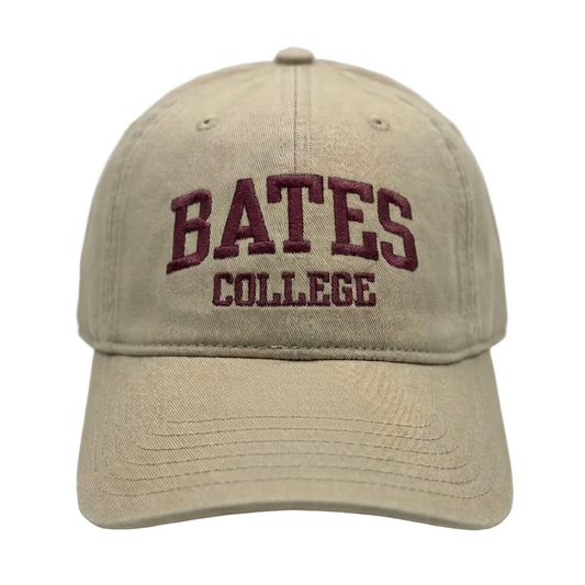 Beige cap with 'Bates College' embroidered on a white background