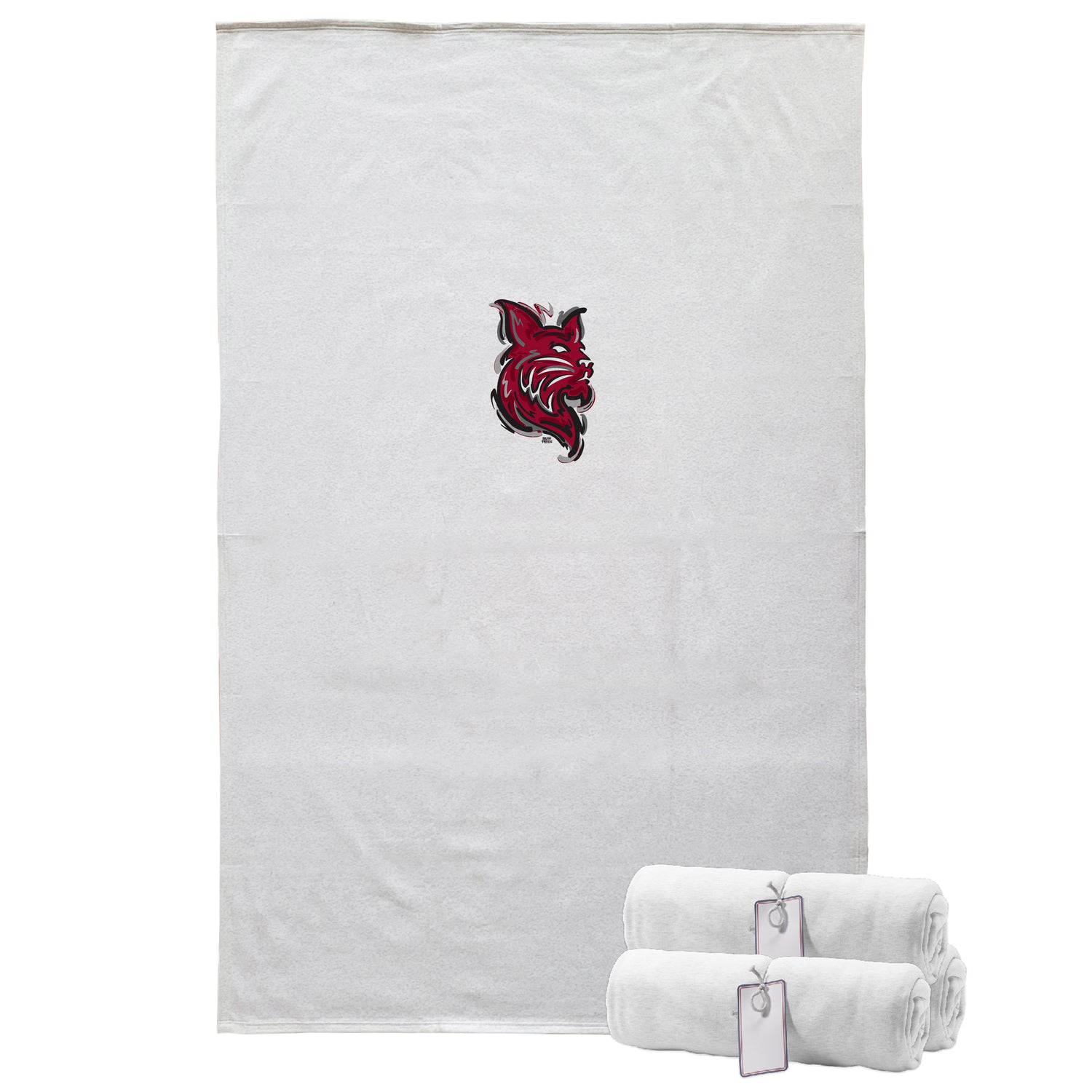 White blanket with a red and black logo on a white background
