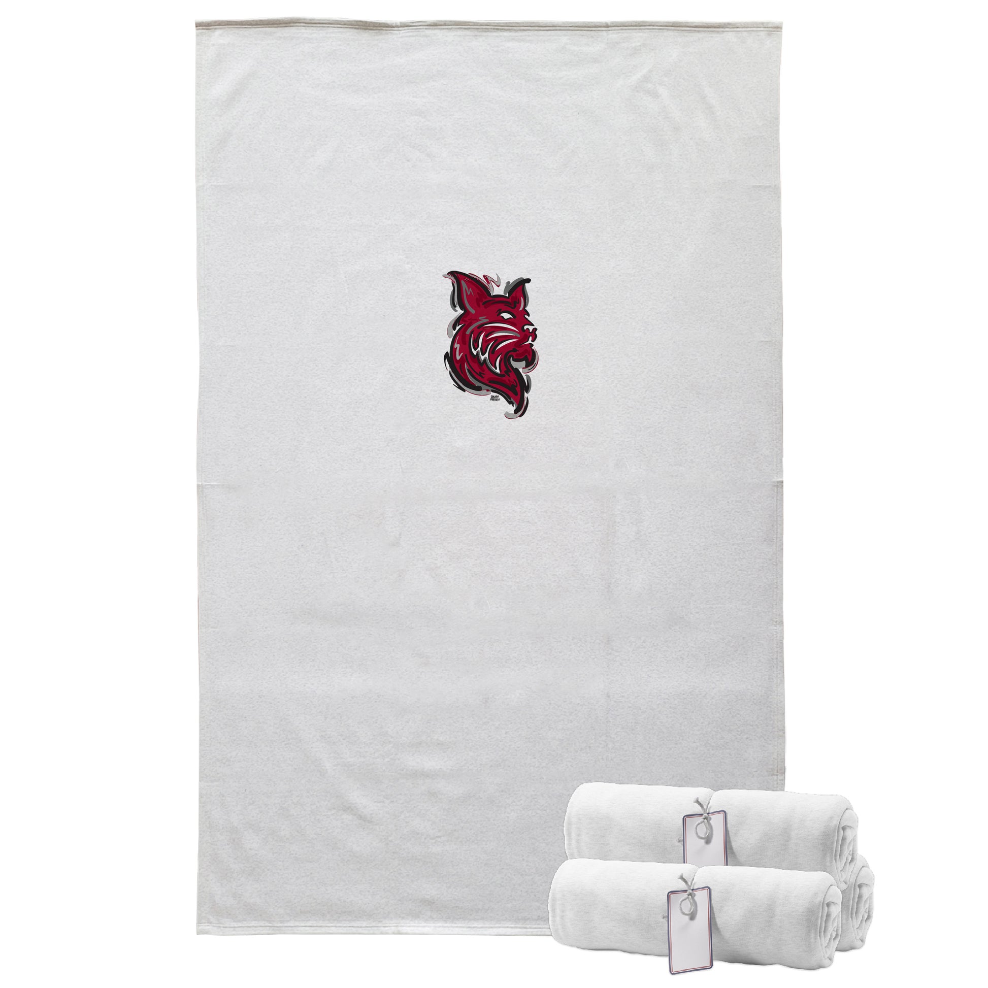 White blanket with a red and black logo on a white background