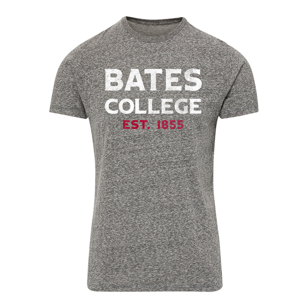 Gray t-shirt with 'Bates College EST. 1865' printed on a white background