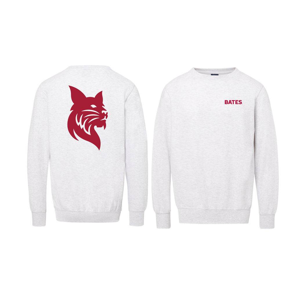 White sweatshirt with red wolf bobcat on the back and 'BATES' text on the front, on a white background.