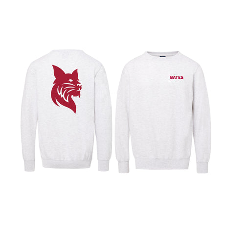 White sweatshirt with red wolf bobcat on the back and 'BATES' text on the front, on a white background.