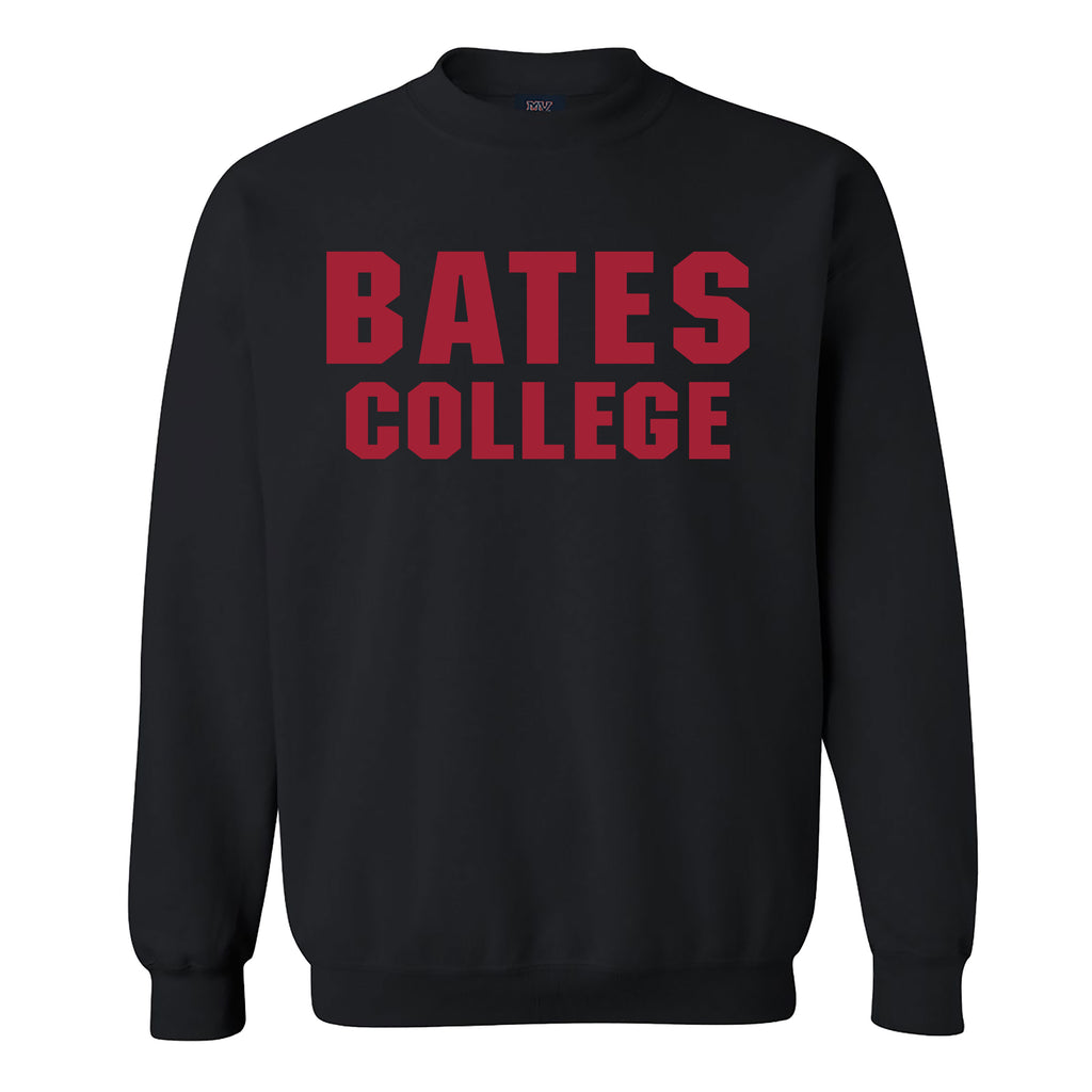 Black sweatshirt with 'BATES COLLEGE' printed in red on a white background