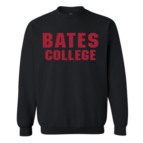 Black sweatshirt with 'BATES COLLEGE' printed in red on a white background