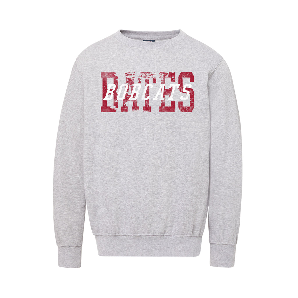 Gray sweatshirt with red and white text on a white background