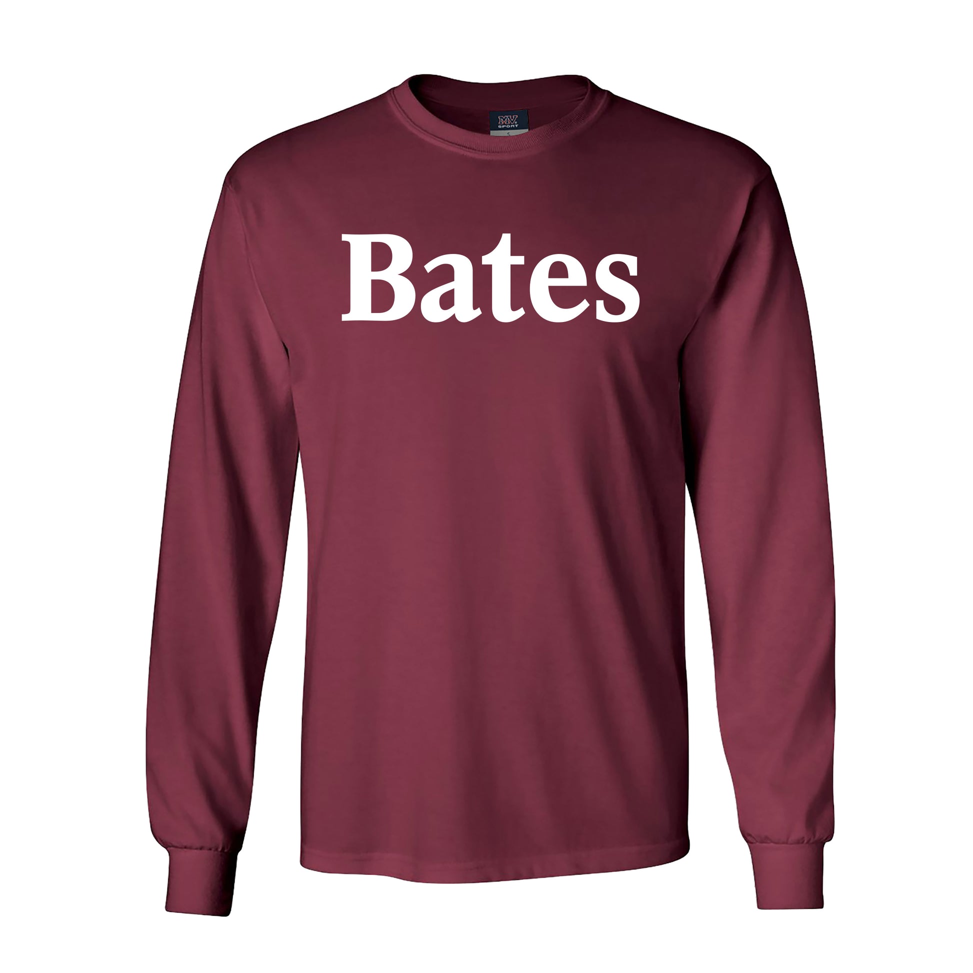 Maroon long-sleeve shirt with 'Bates' printed on it against a white background
