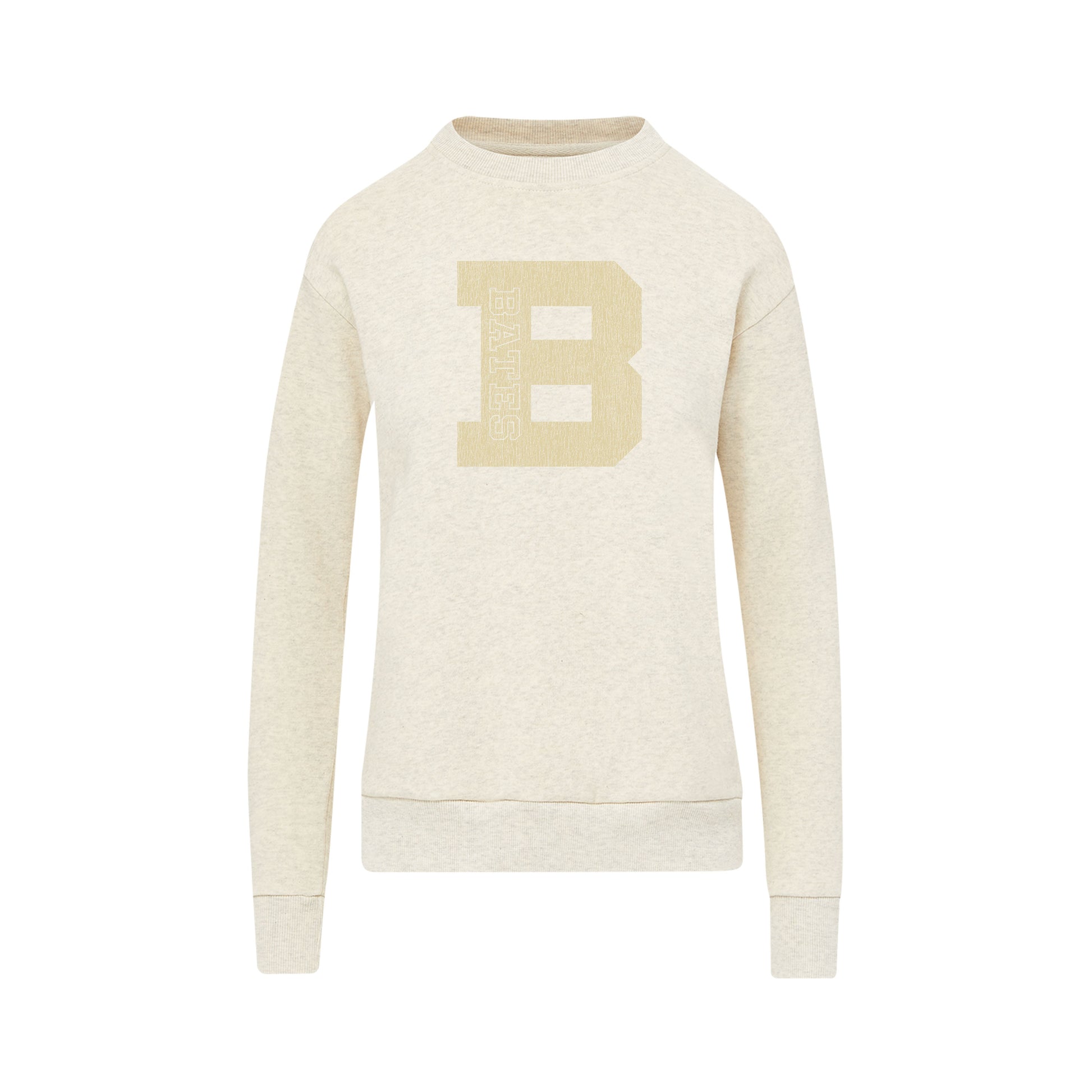 Beige sweatshirt with a large 'B' on a white background
