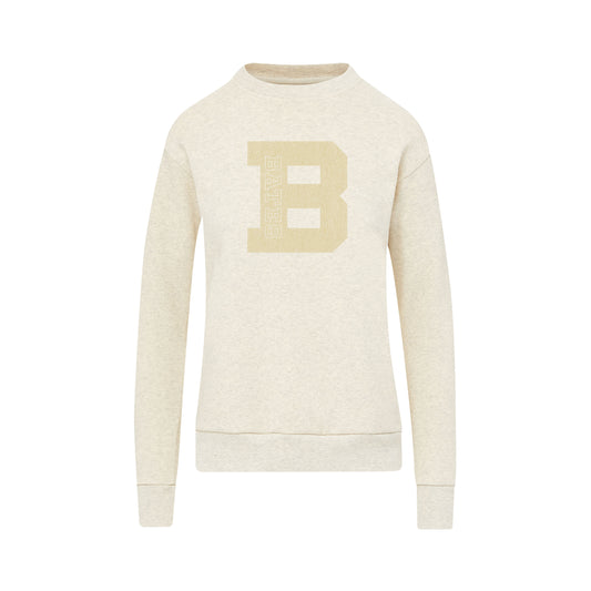 Beige sweatshirt with a large 'B' on a white background