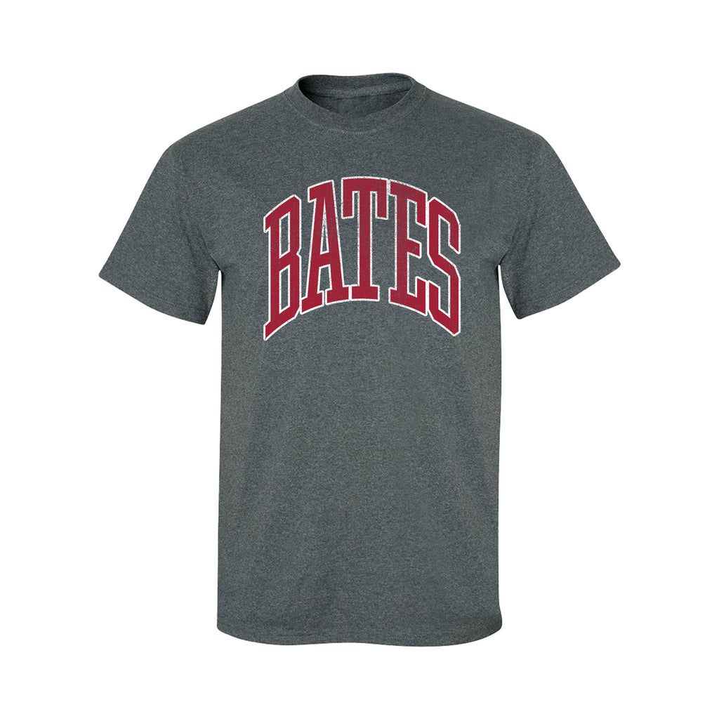 Gray t-shirt with 'BATES' printed in red on a white background
