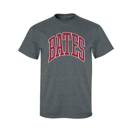 Gray t-shirt with 'BATES' printed in red on a white background