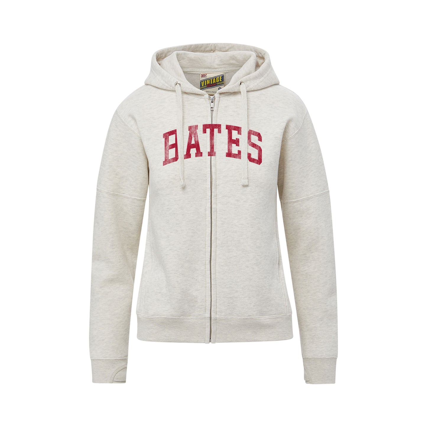 Gray hoodie with 'BATES' printed in red on a white background