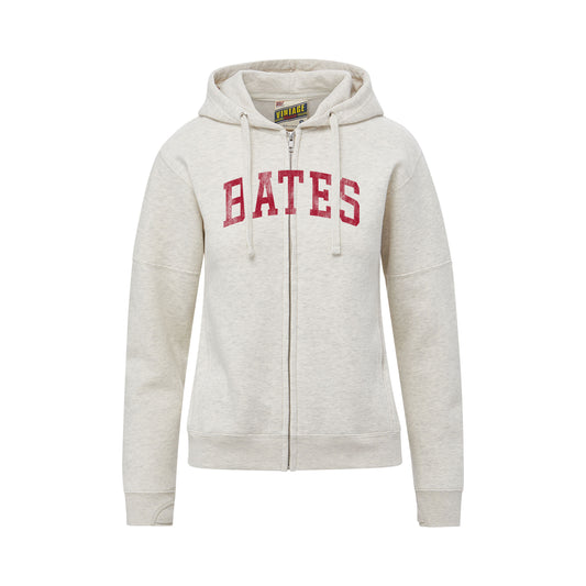 Gray hoodie with 'BATES' printed in red on a white background