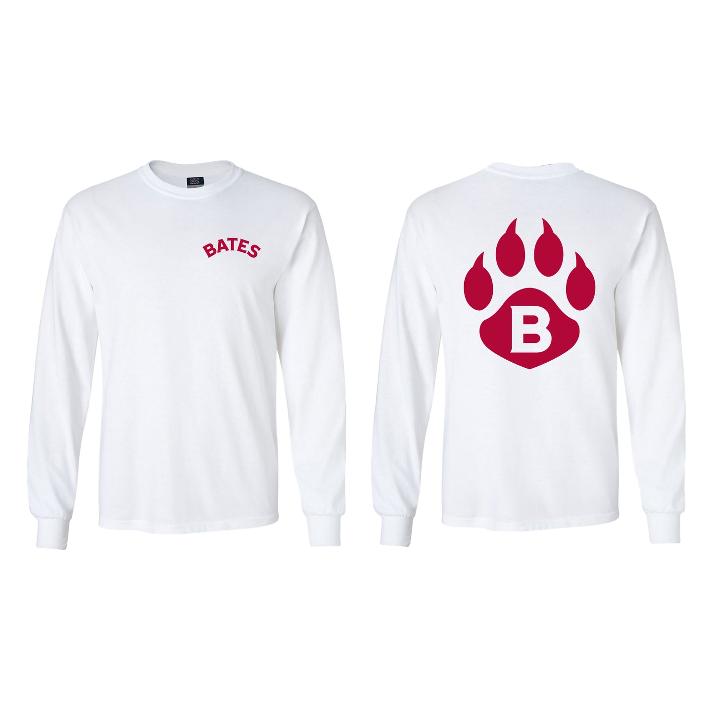 White long-sleeve shirt with 'Bates' on the front and a red paw print with 'B' on the back.