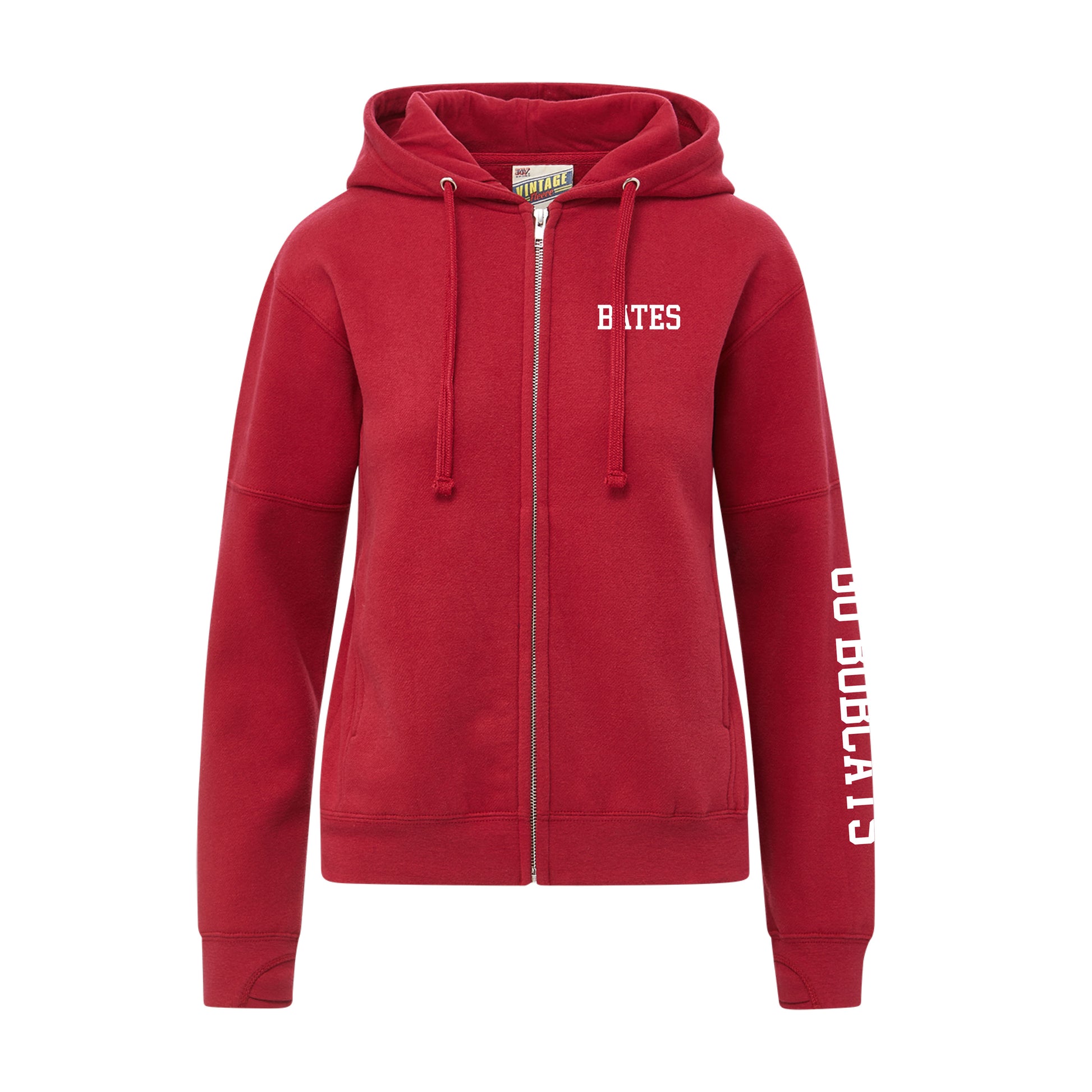 Red hoodie with 'BATES' printed on the chest and 'COLLEGE' on the sleeve against a white background