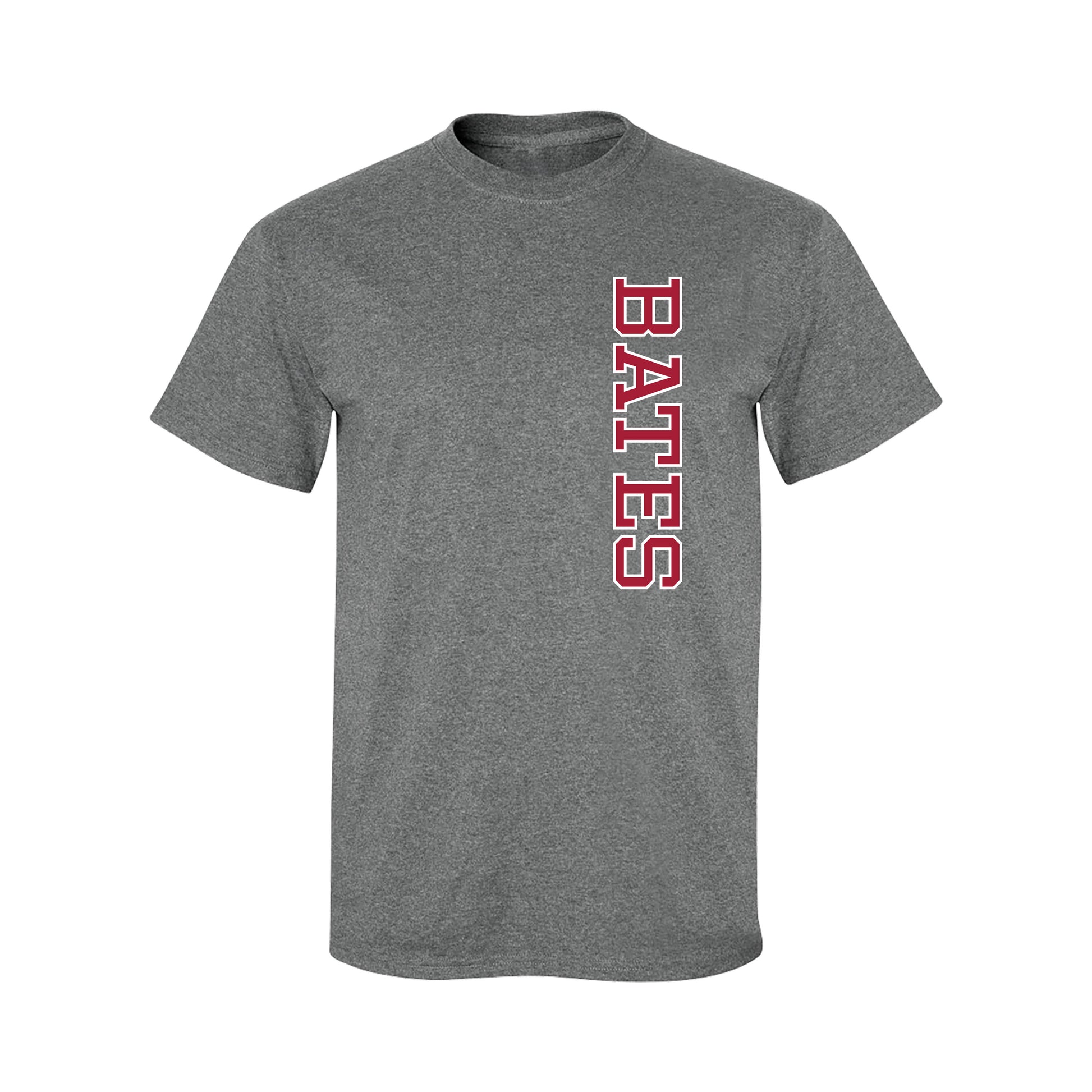 Gray t-shirt with 'BATES' printed in red on a white background