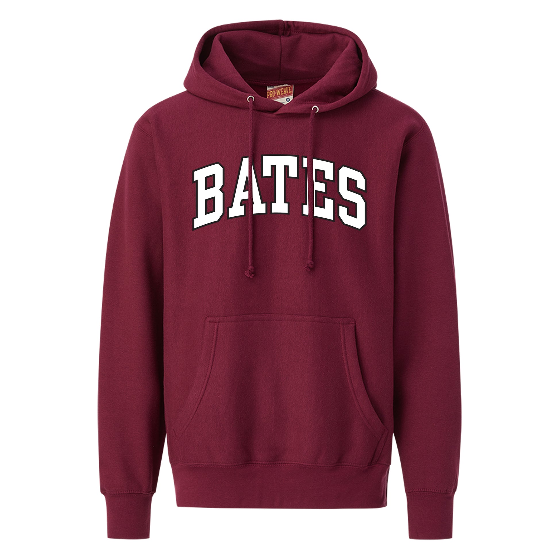Maroon hoodie with 'BATES' text on a white background