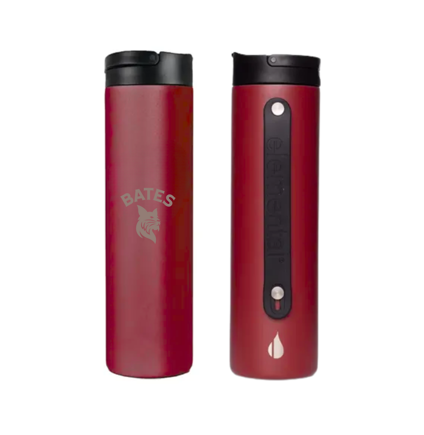 Two red tumblers with black lids on a white background