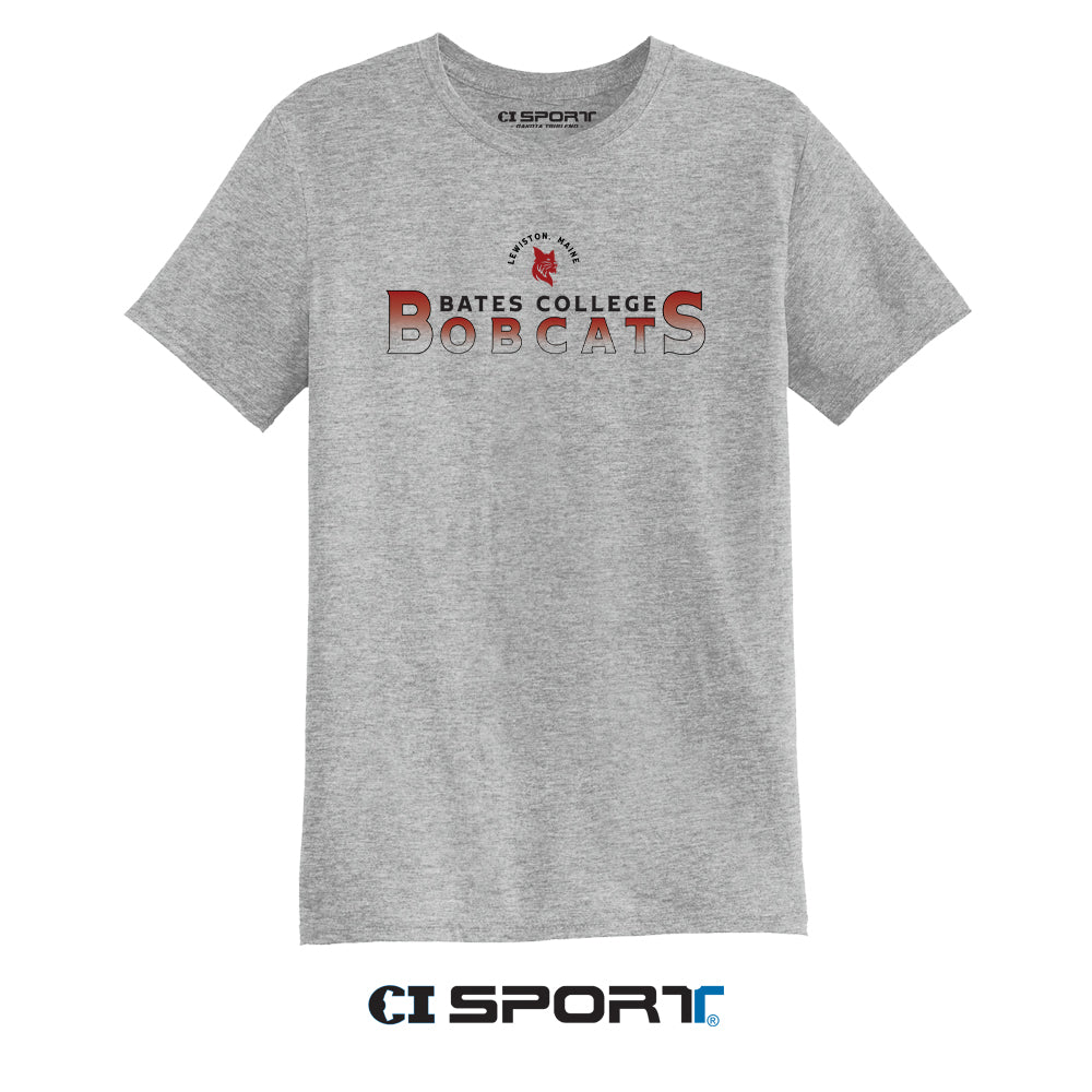 Gray t-shirt with 'Bates College Bobcats' text and logo on a white background