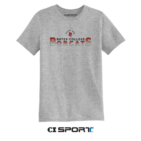 Gray t-shirt with 'Bates College Bobcats' text and logo on a white background