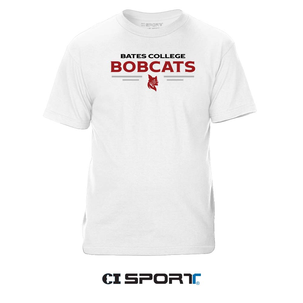 A white short-sleeve t-shirt with 'BATES COLLEGE BOBCATS' printed in red and black on the chest, featuring a red bobcat mascot logo. The shirt is displayed on a clean white background with a 'CI SPORT' logo watermark at the bottom.
