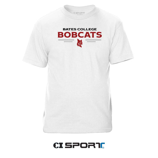 A white short-sleeve t-shirt with 'BATES COLLEGE BOBCATS' printed in red and black on the chest, featuring a red bobcat mascot logo. The shirt is displayed on a clean white background with a 'CI SPORT' logo watermark at the bottom.