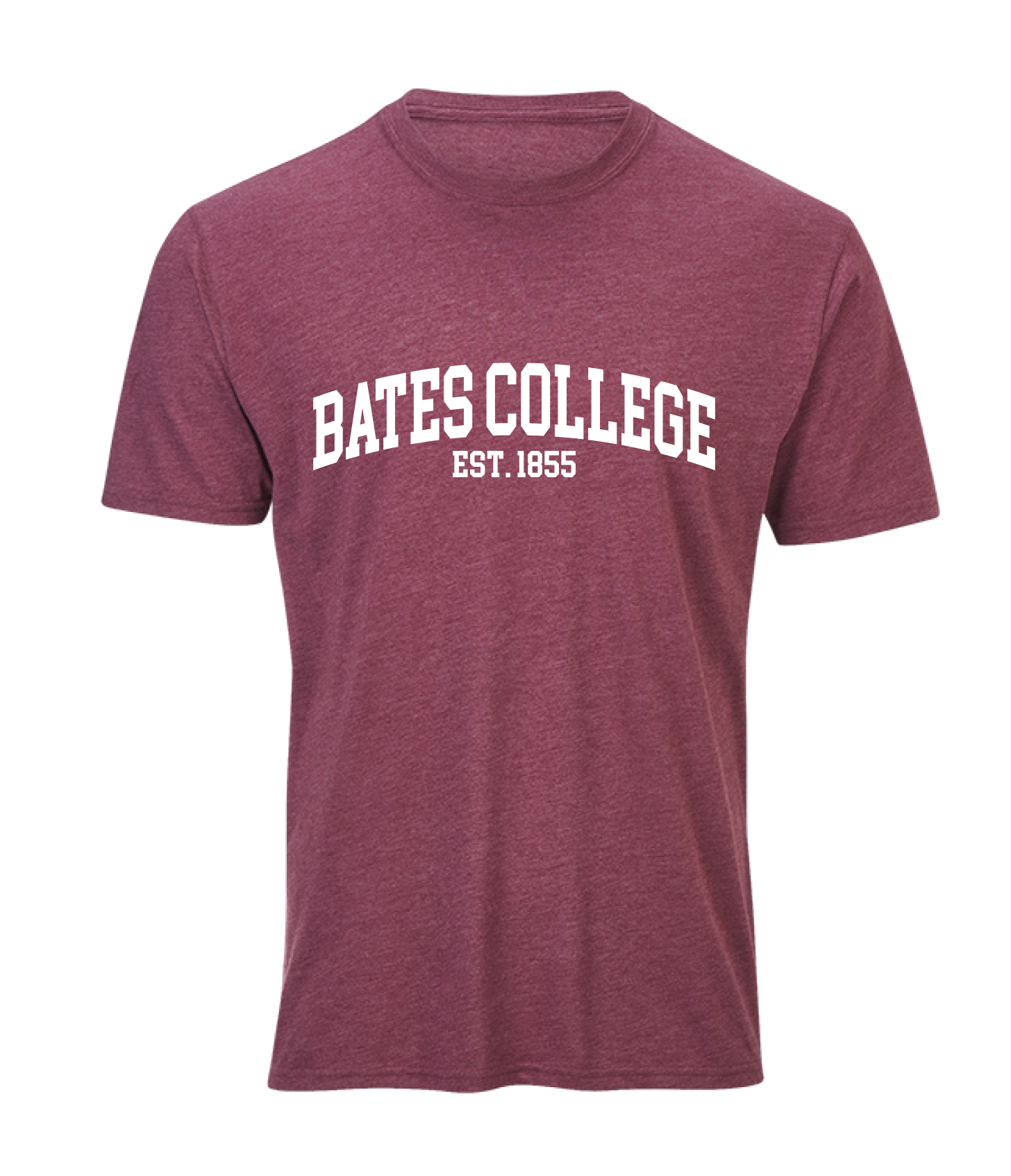 Maroon t-shirt with 'Bates College EST. 1865' text on a white background
